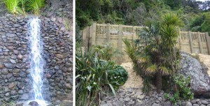 timber retaining wall and water feature by manaia excavators